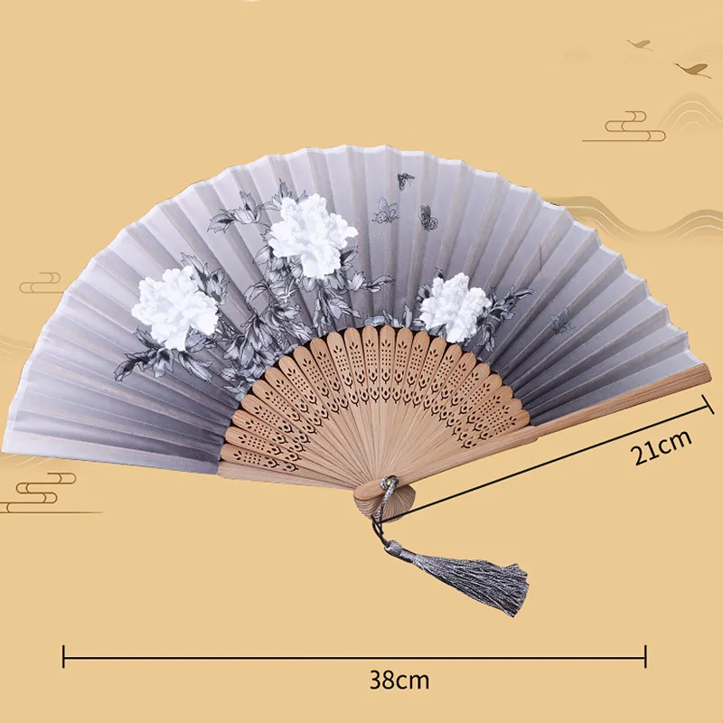 Chinese Japanese Silk Folding Fan Wooden Shank Classical Dance Fan Tassel Female Hand Fans Craft Gift Photo Prop