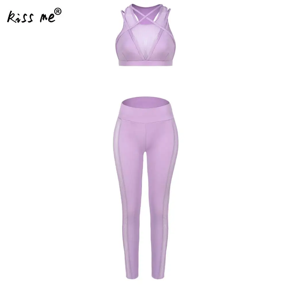 Breathable Women Yoga Set Workout Training Exercise Sportswear See Through Sleeveless Crop Top Female Gym Legging Running Set - Цвет: hyacinthine