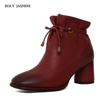 

Genuine Leather Ankle Boots for Women Slip-on High Heels Women Boots Fashion Buckle Ladies Chelsea Boots 2020 Winter Women Shoes