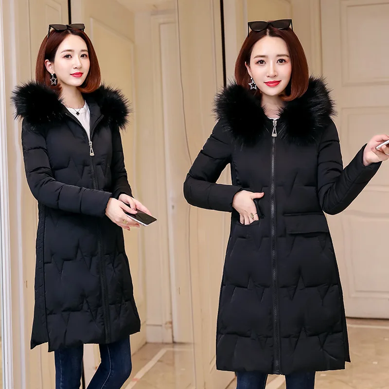 

2019 Winter New Style Mid-length over-the-Knee Slim Fit Slimming down Jacket Cotton-padded Clothes Women's Large Fur Collar Thic