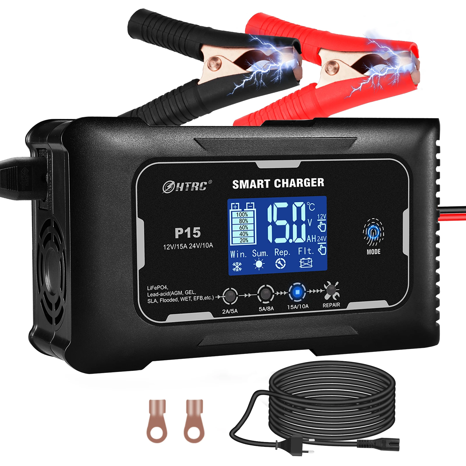 HTRC 12V/24V 15A Car Battery Charger Automatic LCD Pulse Repair Charger For Motorcycle RV ATV PB LIFEPO4 AGM Lead-Acid Batteries