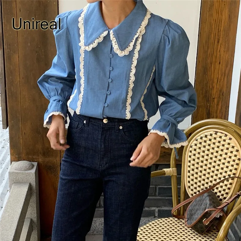 

Unireal 2022 Autumn Women Demin Shirt Casual Loose Blue Coat White Lace Crochet Long Sleeve Jeans Shirt Vintage Tops
