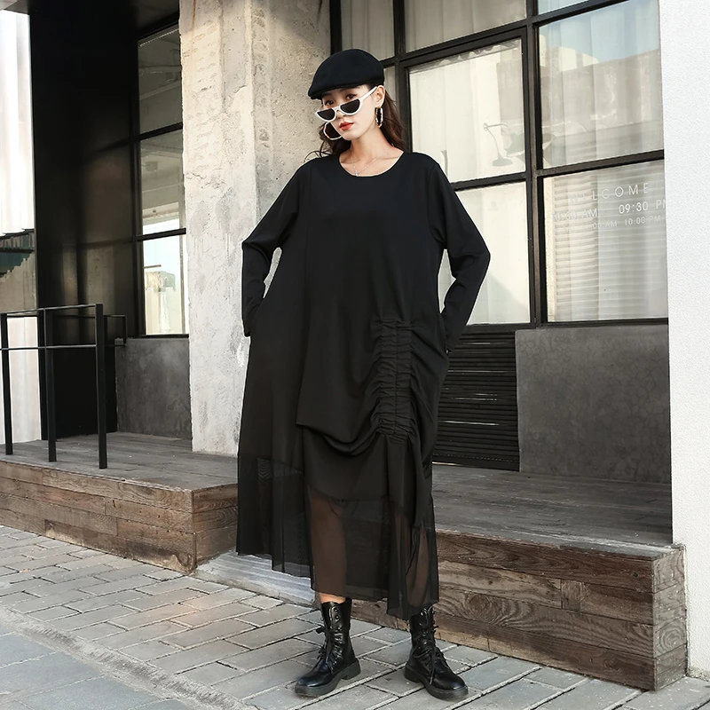 

Women Black Asymmetrical Big Size Dress New Round Neck Long Sleeve Loose Fit Fashion Tide Spring Autumn 2020
