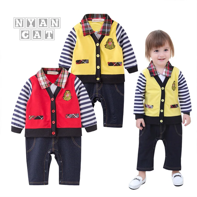 

Autumn Infant Childrenswear Gentleman College Style Romper Stripes Long Sleeve Onesie/Crawling Clothes Bicolor Selectable