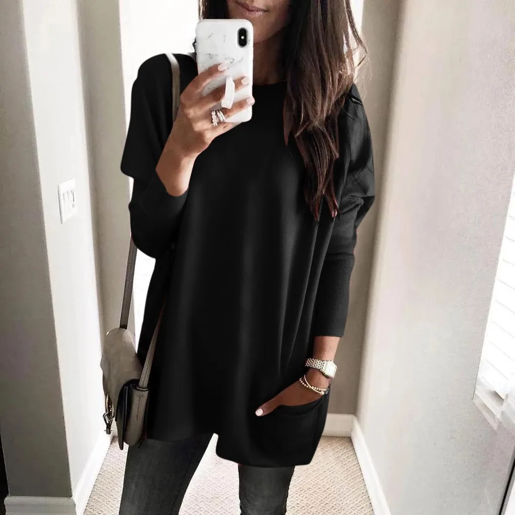 Women Solid Warm Long Sleeve Sweatshirt Loose Pocket Daily Pullover Tops Plus Size Femme Tops#30