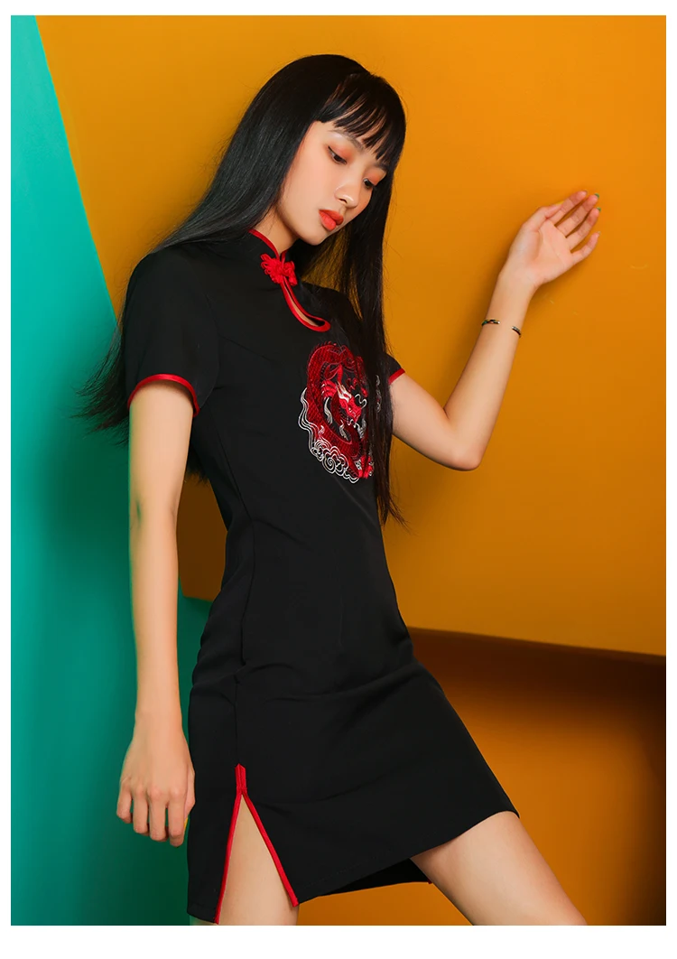 SWEETXUE платье для женщин Готический китайский дракон карандаш черный Cheongsam Vestidos сексуальный вырез короткий рукав мини платье
