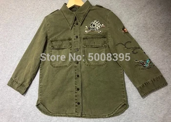 

[ElfStyle] - Army Green Short Mili Cotton Shirt Jacket ROCK Skull Embroidery CHEST POCKETS embroidery High quality TOP WOMAN