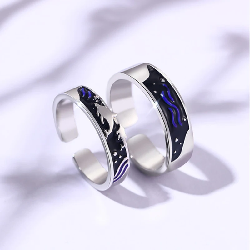 Qevila New Fashion Rings Jewelry Romantic Sea and Whale Enamel Adjustable Silver Ring for Women Lover Men Ring Anniversary Gift (5)