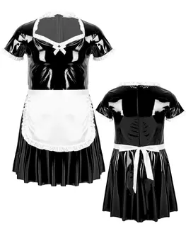 

Men Sissy French Maid Cosplay Costume Erotic Clothing Outfit Short Puff Sleeve Patent Leather Dress with Apron