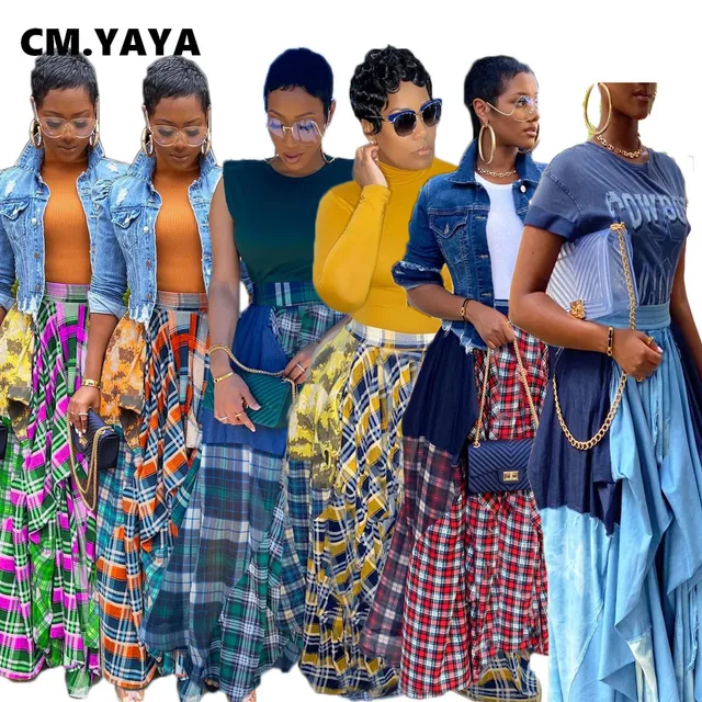 CM YAYA Women Long Maxi Skirts Patchwork Loose Asymmetrical Plaid with Pocket Loose Big Swing Floor Length Long Skirt plus size