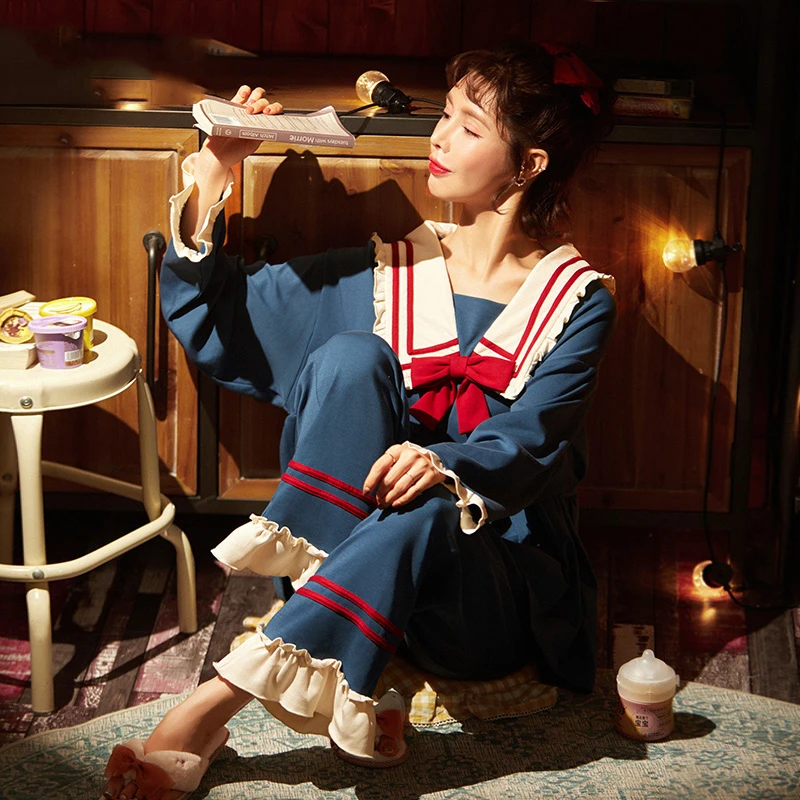 

Пижама для женщин с бантом, японская Пижама с воротником кавай, длинные брюки, весна/осень, хлопковые домашние костюмы, комплект ночной одежды 2021, мода