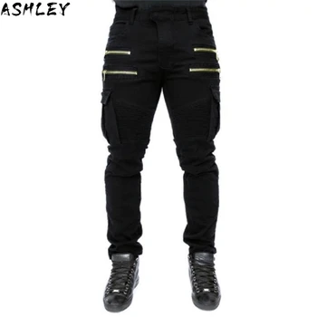 

Black Denim Green Biker Jeans Mens Skinny 2020 Runway Distressed Slim Elastic Jeans Hip Hop Washed Skateboard Trouers Streetwear