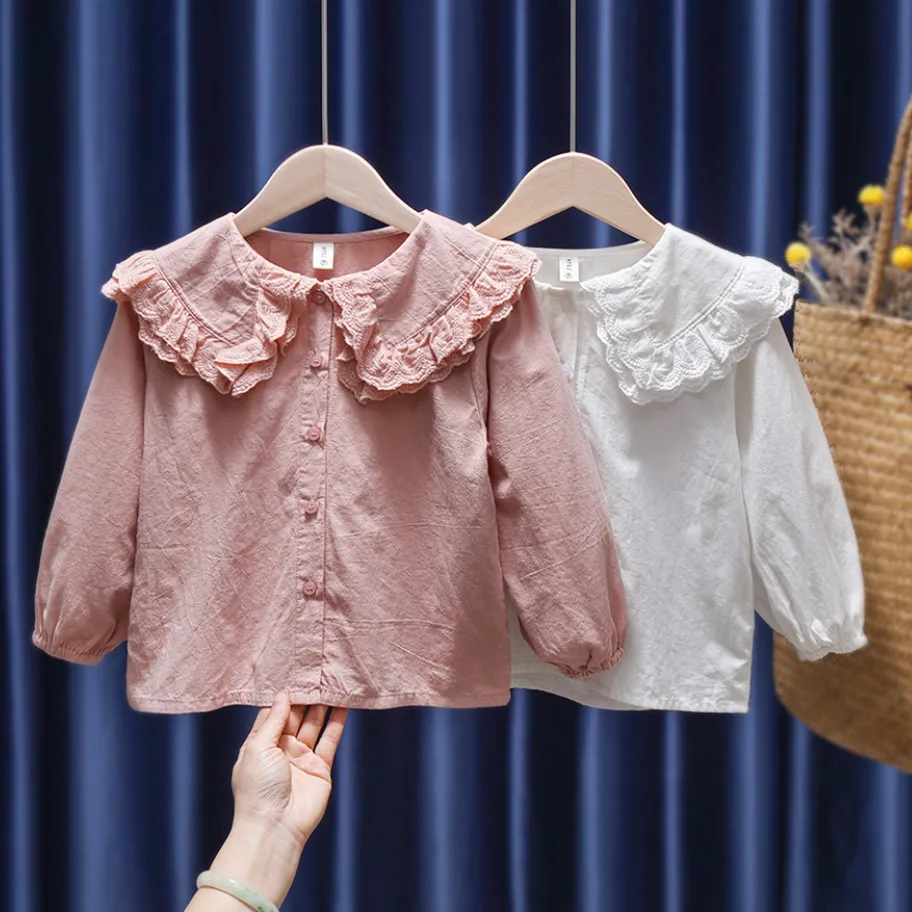 

Cute Toddler Girl Lace Blouses Children Clothing Baby Girls Long Sleeve Sweet Ruffles Turn-down Collar Shirts White Infant Tops