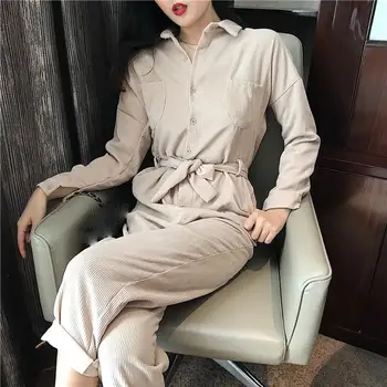 

2019 Women Loose Solid Casual Jumpsuit Button Sashes Pockets Long Rompers Female Lace Up Plus Size Bodysuits