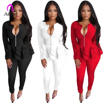 

White Women 2 Pcs Set Autumn Winter O-Neck Zipper Full Sleeve Ruffles Top Pant Suit Two Piece Set Casual Sporty Overalls Outfits