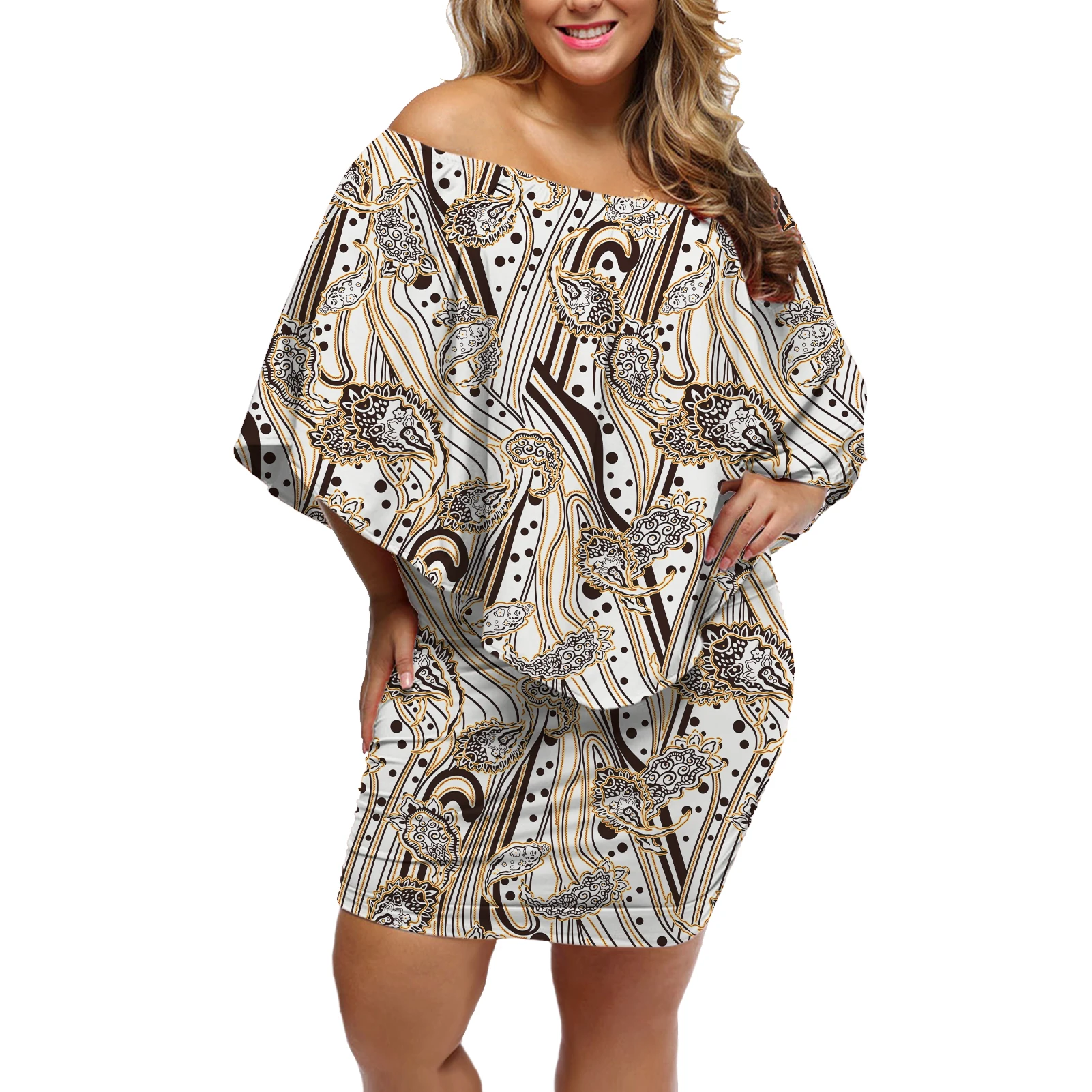 

POD Summer Vintage European Baroque Off-Shoulder Printed Women's Short -Sleeve Dress New Style Casual Premium Gold Print Dress
