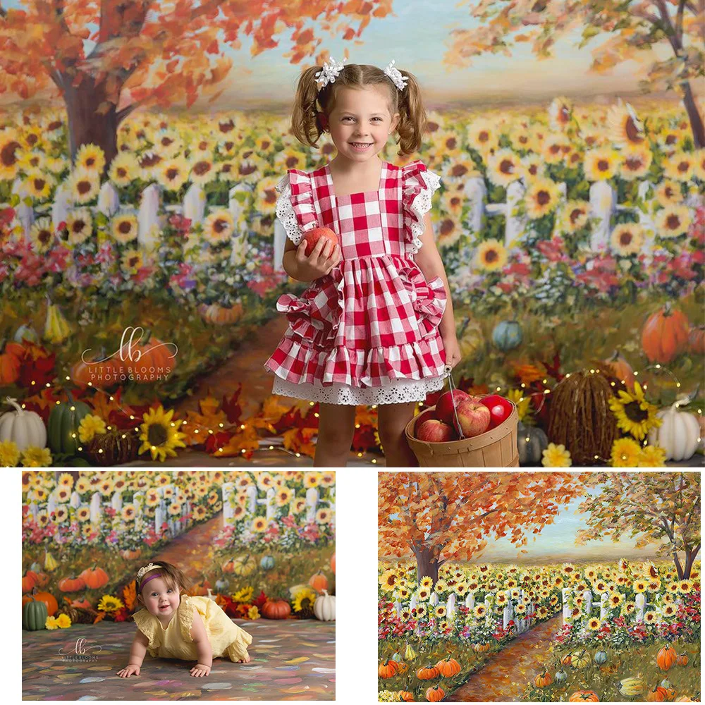 

Autumn Countryside Baby Birthday Photo Background Sunflowers Pumpkin Children Cake Smash Portrait Backdrop Fall Maple Studio