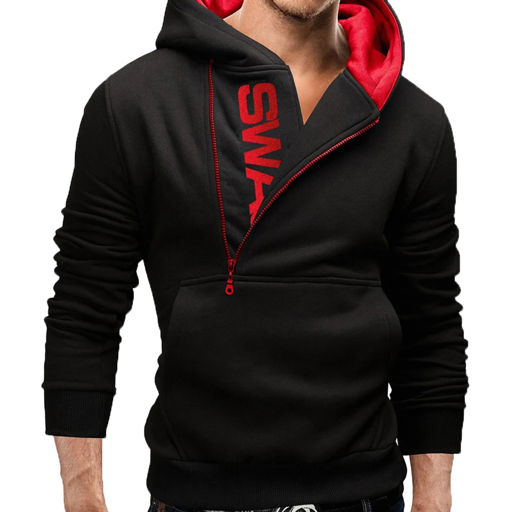

2020 Men Letter Fleece Hooded Sweatshirt Spring And Autumn Patchwork Color Long Sleeve Fleece Side Zipper Casual Hoodies For Man