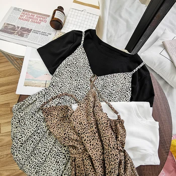 

Casual Leopard Dress Set Women For 2020 Summer Basic Solid O Neck T Shirt + Sleeveless Printed Loose Long Dress Female