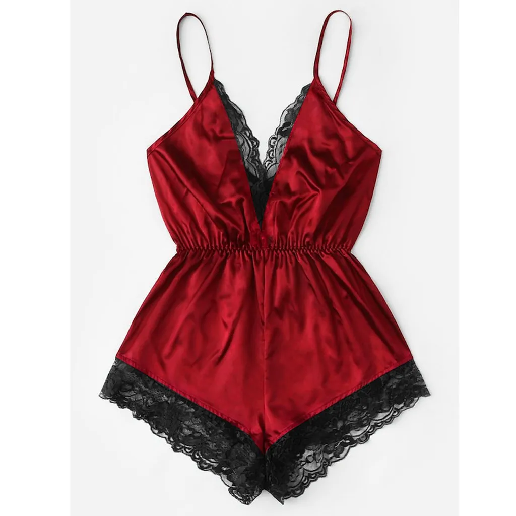 Women Lingerie, Women Bodysuit Sleep Wear Set V-neck Lace Splice