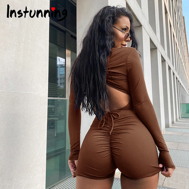 

Instunning Women Long Sleeve V-Neck Drawstring Bandage Backless Hollow Out Rompers Ruched Playsuits Clubwear Sexy Skinny Brown