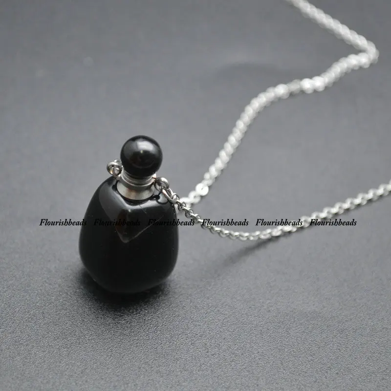 Натуральный много драгоценных камней Арома диффузор ожерелье мини подвеска в виде бутылочки парфюма открыть эфирное масло ювелирные изделия с диффузором вечерние подарок - Цвет камня: Black agate