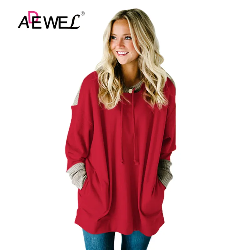 ADEWEL толстовки с длинным рукавом вафельные трикотажные сращивания черный карман балахон Женский пуловер, Свитшот Повседневная Верхняя одежда с капюшоном - Цвет: red
