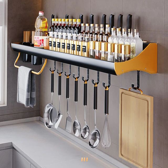 Estantes de almacenamiento montados en la pared, organizador de cocina de  aluminio con ganchos, soporte para cuchillos, soporte para condimentos,  estante organizador - AliExpress