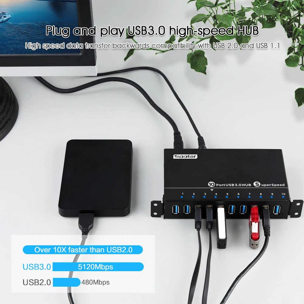  Sipolar 10 puertos Multi USB 30 Hub alta velocidad transferencia de datos rápido cargador divisor e
