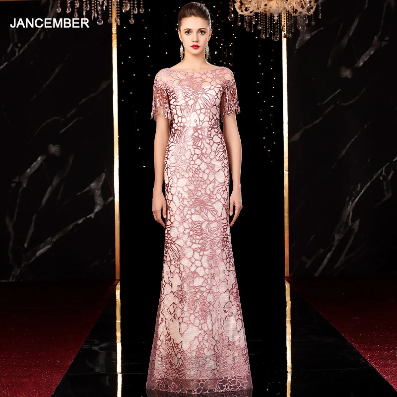 

JANCEMBER Customized Evening Dresses Long O-neck Short Sleeves beading tassel Mermaid Evening Gown vestidos de fiesta de noche