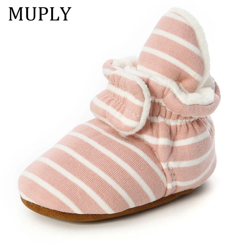 Buciki dla noworodka niemowlę chłopięce dziewczęce w paski dla malucha pierwsze buty do chodzenia bawełniane wygodne miękkie antypoślizgowe buty ocieplane dla niemowląt