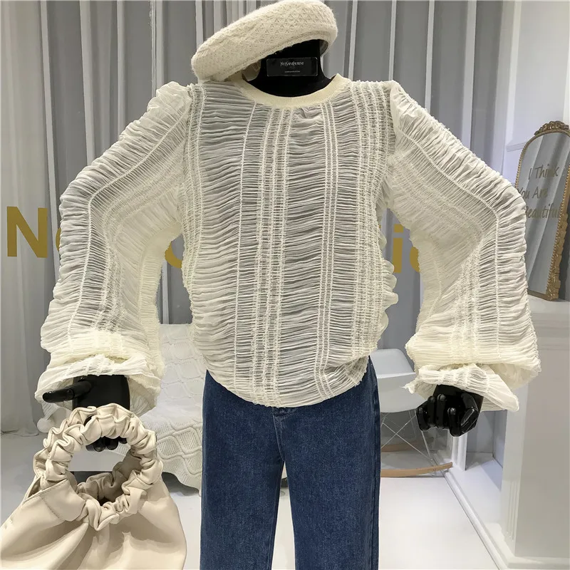 

Designer Blouses 2020 New Lantern Sleeve Shirts Women Prairie Chic Solid O-Neck Womens Shirts with Long Sleeve See Through