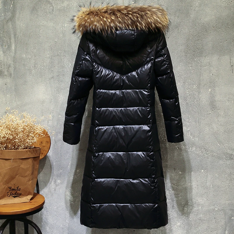 6XL, плюс размер, зимнее пуховое пальто для женщин, глянцевая парка с капюшоном, большой меховой воротник, меховые пальто, высокое качество, теплые зимние пуховики 727
