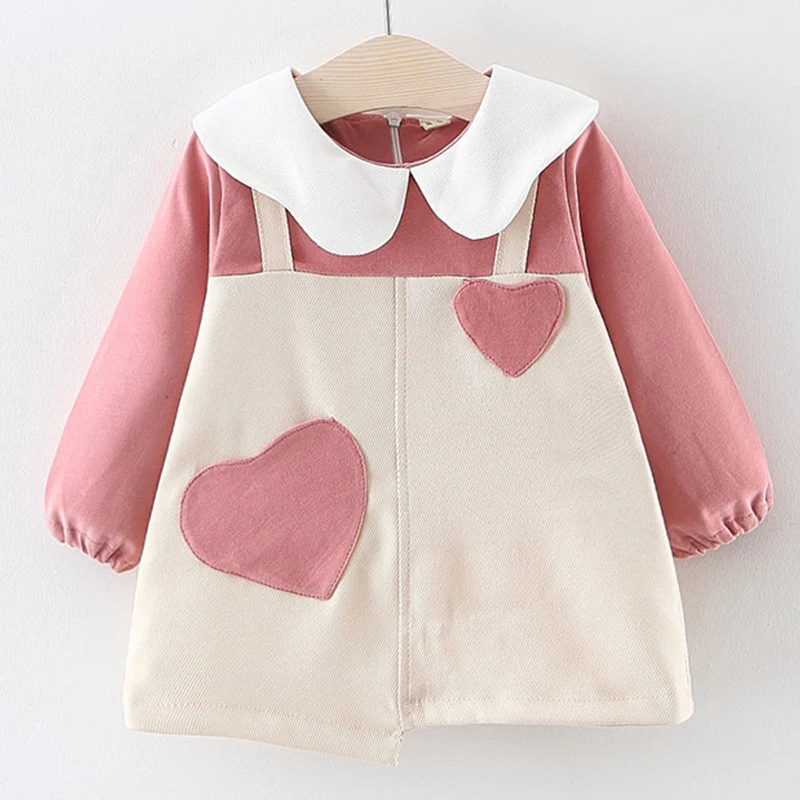 

2019 Autumn Baby Girl Clothes Doll Collar Baby Princess Dres Long Sleeve Love Pattern Fake Two Pieces Baby Dresses