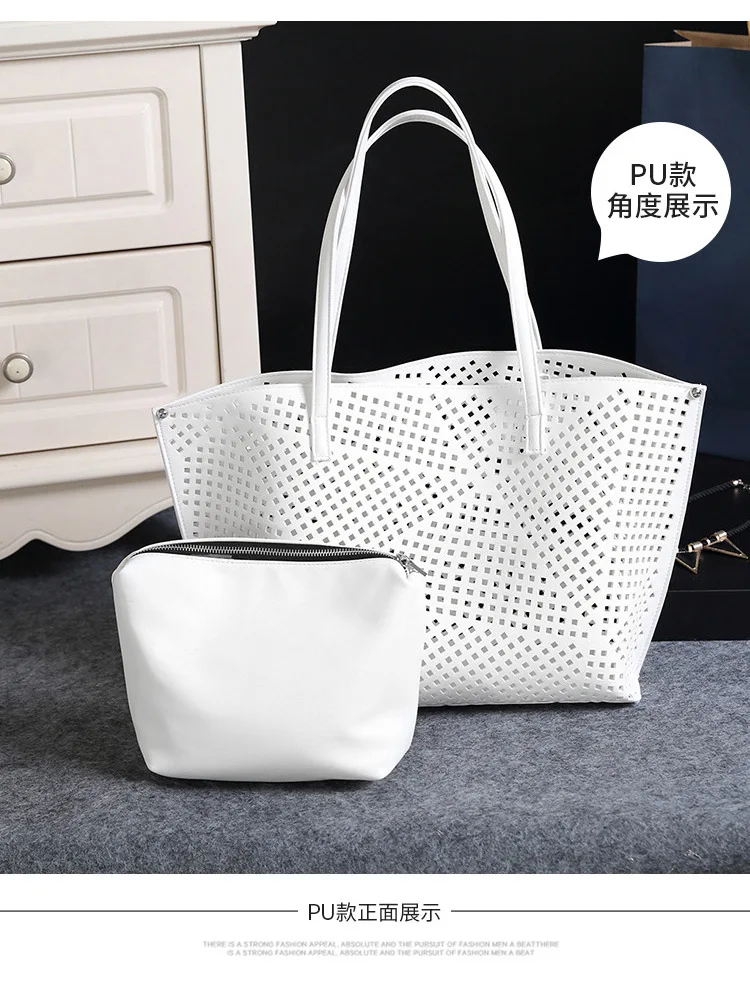 Scofy Fashion Hollow Out Women Large Capacity Tote Bags White Luxury Shoulder Bags for Work 2 Pieces Set Purses and Handbags