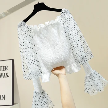 

Blusas Mujer De Moda 2020 Sweet Frilled Slash Neck Expose Clavicle Pleated High Waist Polka Dot Short Tops Blouse Women Blusas