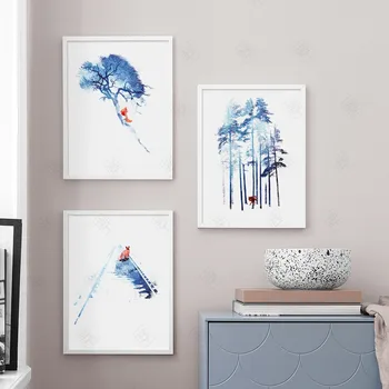 

Canvas Painting Poster Wall Art Modular Picture Blue Trees and Red Foxes On Rails Nordic Style Home Decor Prints for Living Room