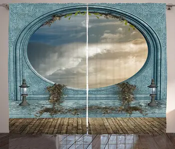 

Landscape Curtains Antique and Round Shaped Window Balcony with Grey Clouds Living Room Bedroom Window Drapes Pale Grey and Blue