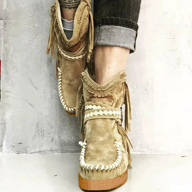 Dropshipping Women Ankle Short Boots Tassels Round Toe Buckle Strap Boots Ethnic Warm Non-slip Boots Shoe For Ladies Botas Mujer