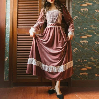 

French Retro Long Dress Women Velvet Lace Patchwork Long Sleeve High Waist Elegant Fairy Victorian Long Dresses Sweet Pink Robe