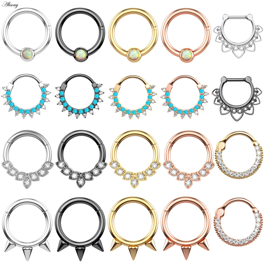 Alisouy 1pc 16G Stainless Steel Crystal CZ Hinged Septum Clicker Nose Ring Nipple Daith Ear Helix Cartlage Piercing Body Jewelry