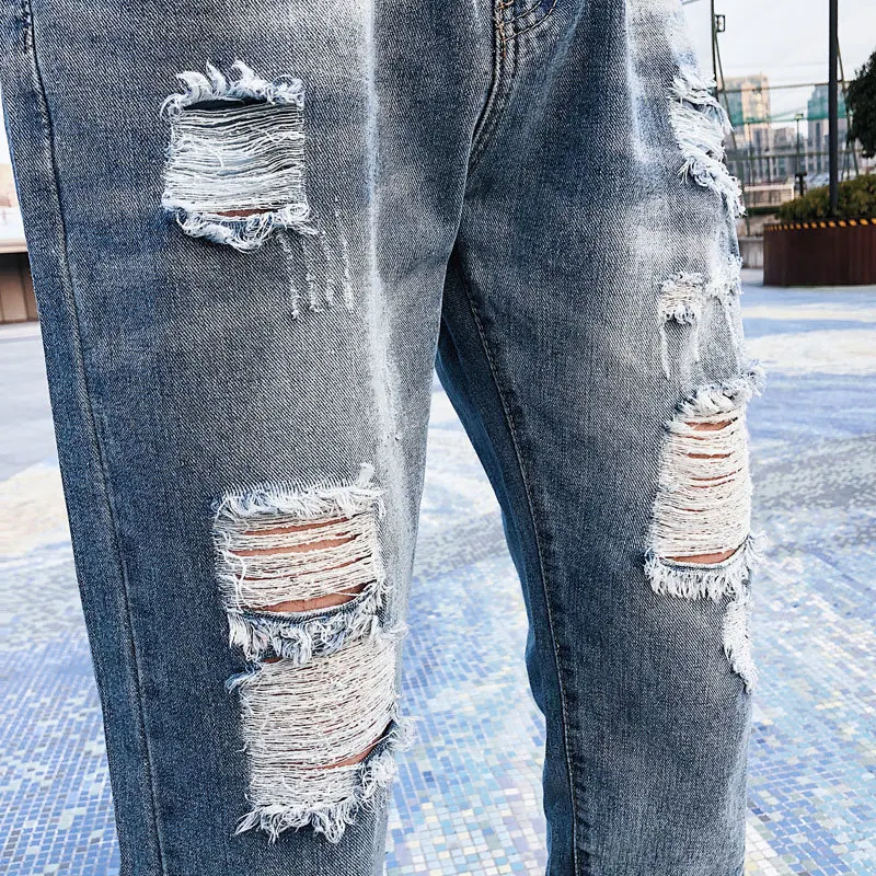 80% OFF Summer Jeans Men's Slim Fashion Washed Solid Color Casual Hole Jean Pants Men Streetwear Wild Hip Hop Straight Denim Pants Mens