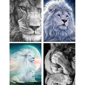 

Full Bead DIY 5D Diamond Painting White And Grey Lion Diamond Embroidery Moon Animal Design For Living Room Decor Gift O56