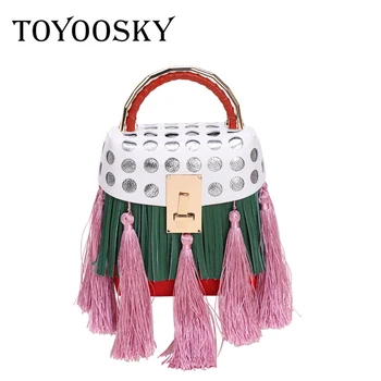 

TOYOOSKY Fashion Box Shaped Women Handbag Tassel Genuine Leather Shoulder Bag Female Panelled Cowhide Crossbody Bags Purses