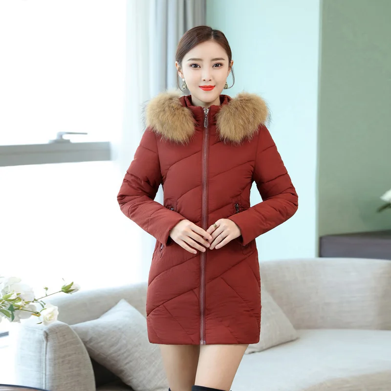 

2018 New Style down Feather Cotton-padded Clothes Women's Mid-length Large Fur Collar Hooded Fashion Middle-aged Women Dress