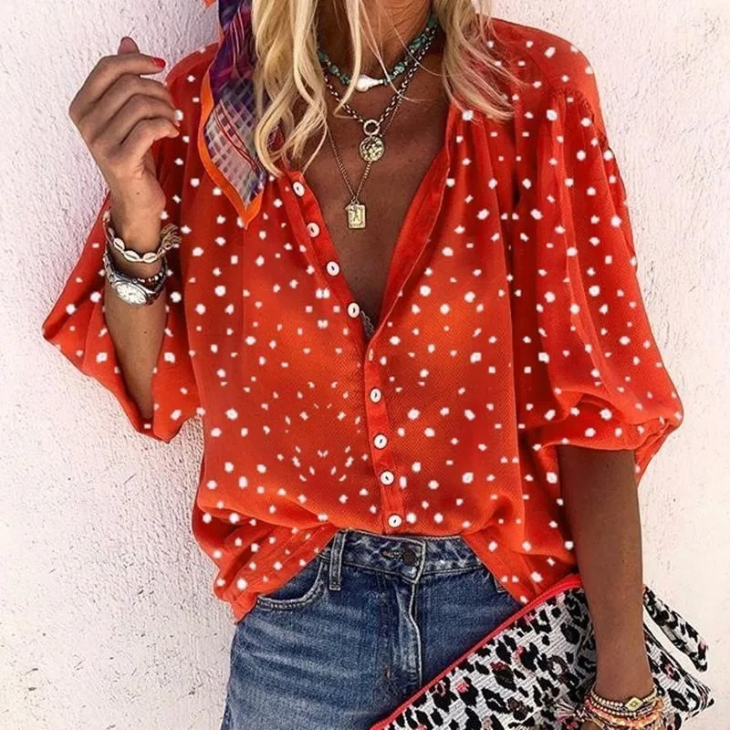 Taniafa Fashion Women Casual Loose Print Long Sleeve Shirts Casual V Neck Polka Dot Tops Blouse Plus Size plus size blouses