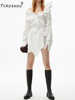 

Temperament Lapel Pleated Zou Waist Irregular Fake Two Sets Dress Ladies Autumn New Style Sexy Leaky Shoulder Free Shipping