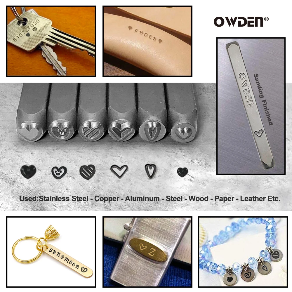 OWDEN-쥬얼리 스탬핑 3mm 스틸 금속 스탬프 세트, 하트 디자인 모양 펀치 도구, DIY 도구, 스틸 쥬얼리 펀처 세트, 6 개