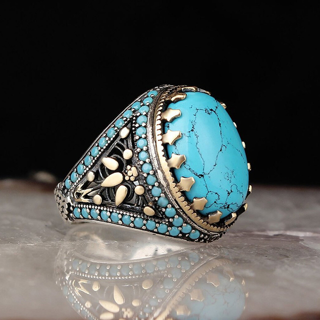Handmade Vintage Big Oval Natural Turquoise Stone Ring For Men Women Retro Gold Silver Color Blue Bead Wedding Band Gift