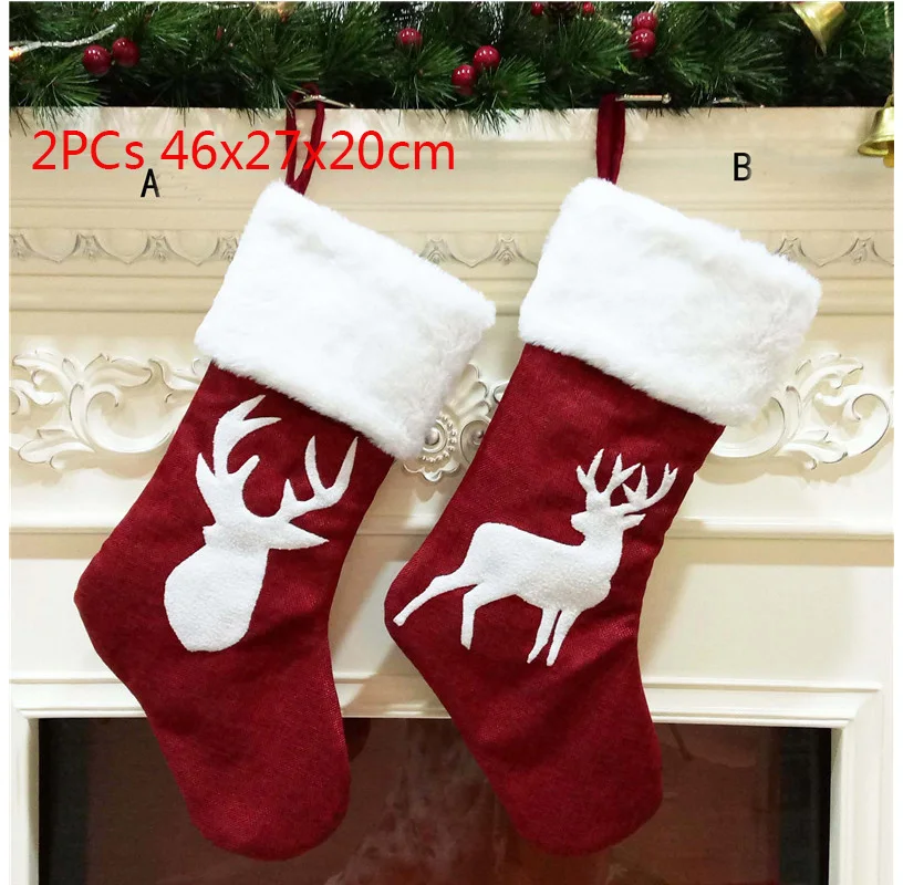 2PCs 46x27x20cm Большой Рождественский чулок носки Санта-Клауса клетчатая Мешковина подарочная упаковка Рождественская елка украшение Новогодний подарок конфеты сумки - Цвет: 2PCs 46x27x20cm